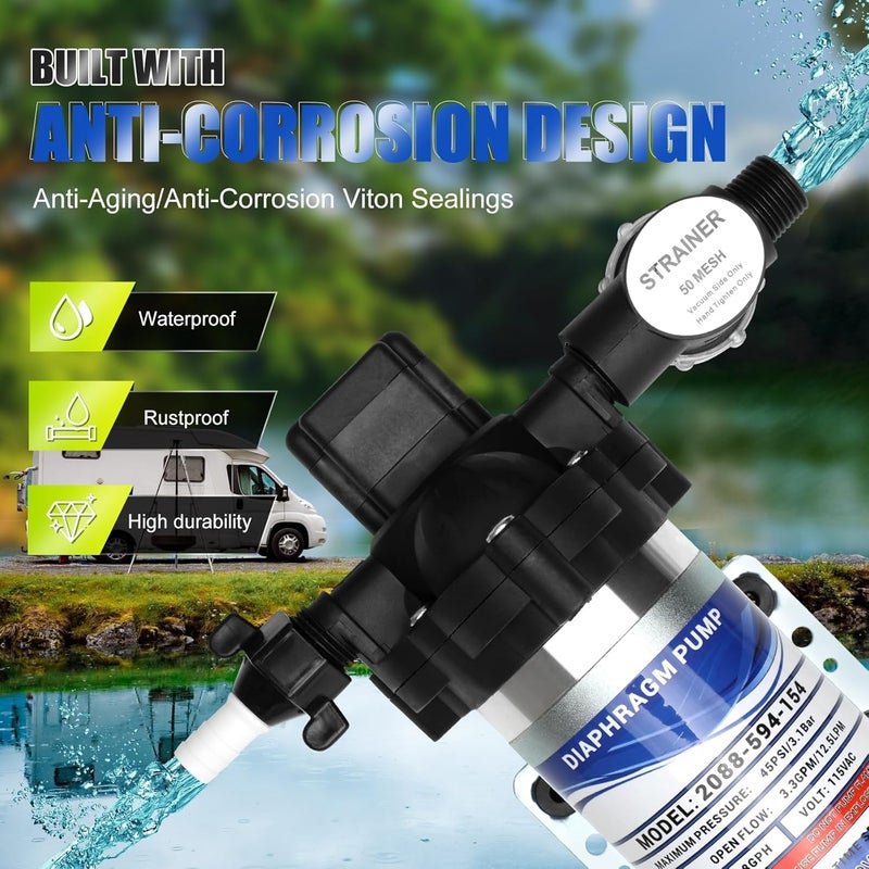 Etespie Industrial Diaphragm Water Pump 2088-594-154, 198GPH, 115V AC, 1/2in, Portable Electric Utility Water Pump 45PSI/3.1Bar, 3.3GPM/11.4LPM, Fit for Beverage and Water Applications, Water Pressure - Image 5
